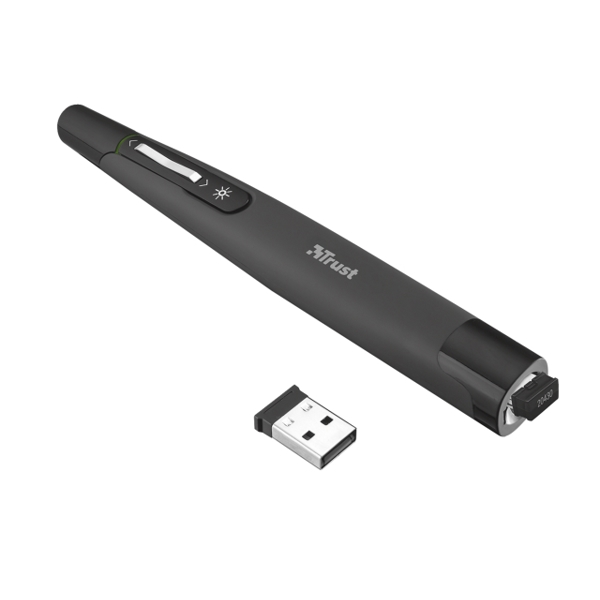 პრეზენტერი  TRUST PUNTERO WLSS LASR PRSNTR,2 PowerPoint functions (next slide, previous slide),Up to 15 meters wireless range,Compatible with Mac OS*,Storable USB micro receiver