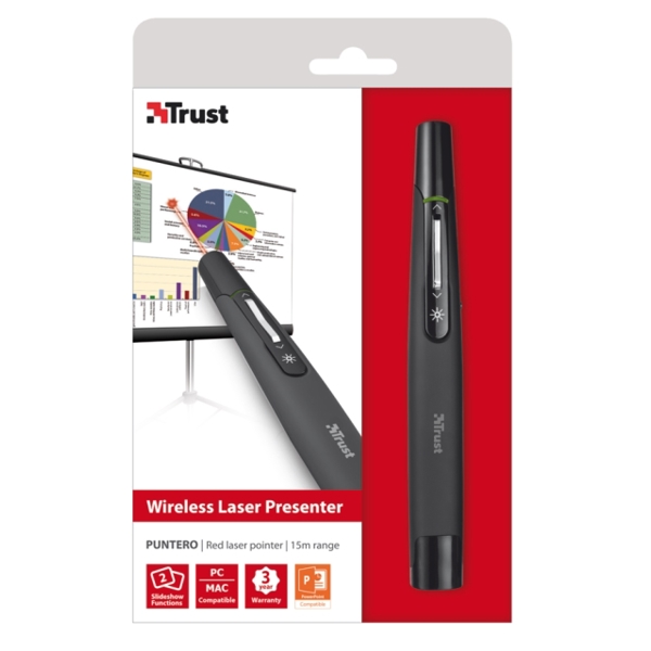 პრეზენტერი  TRUST PUNTERO WLSS LASR PRSNTR,2 PowerPoint functions (next slide, previous slide),Up to 15 meters wireless range,Compatible with Mac OS*,Storable USB micro receiver