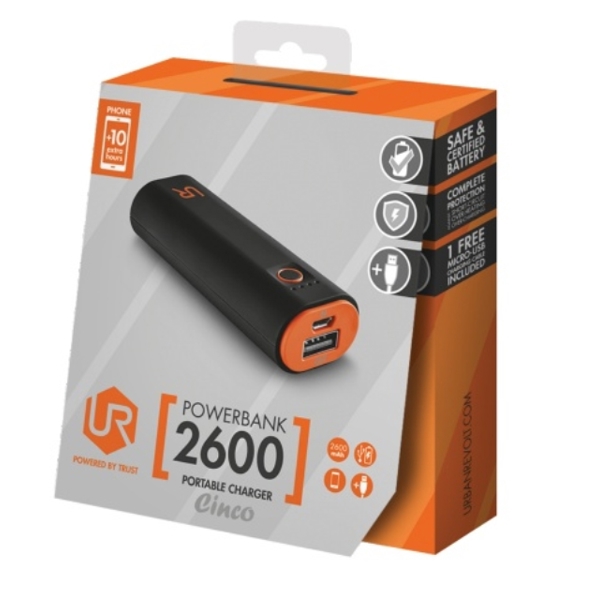 უწყვეტი კვების წყარო  TRUST CINCO POWERBANK 2600 PORTABLE CHARGER - BLACK/ORANGE