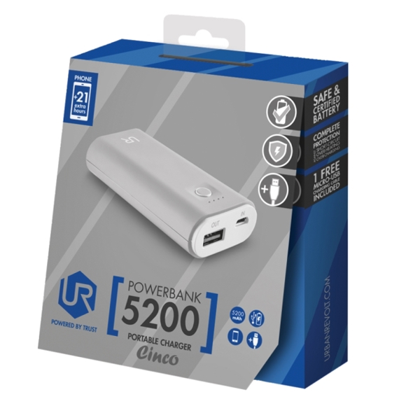 პორტატული დამტენი  TRUST CINCO POWERBANK 5200PORTABLE CHARGER - GRAY / WHITE