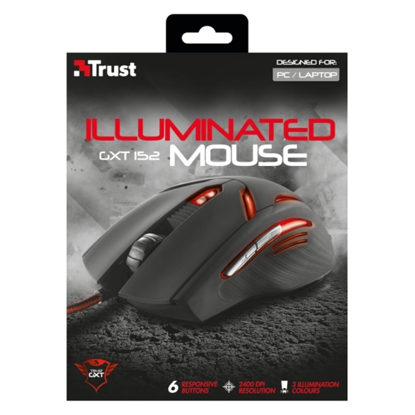 მაუსი  TRUST GXT 152 Illuminated Gaming Mouse - Illuminated top and sides, with 3 selectable colours, Speed select button (600-2400 dpi), Durable nylon cable, Fully rubberized