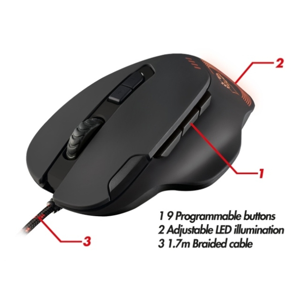 მაუსი  TRUST GXT 162 OPTICAL GAMING MOUSE High precision 4000 DPI optical sensor 9 Programmable buttons Adjustable LED illumination 1.7m Braided cable