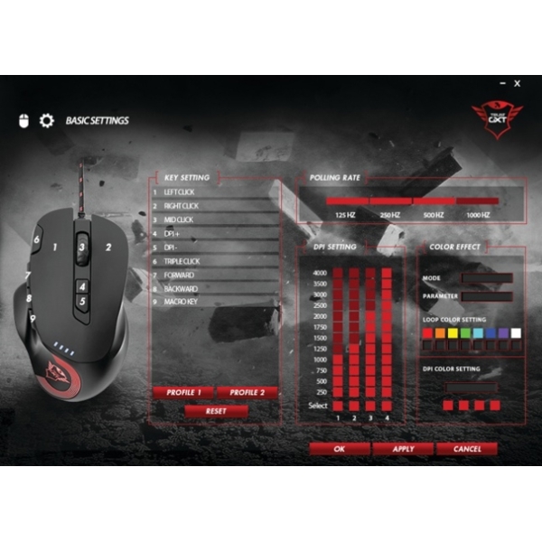 მაუსი  TRUST GXT 162 OPTICAL GAMING MOUSE High precision 4000 DPI optical sensor 9 Programmable buttons Adjustable LED illumination 1.7m Braided cable