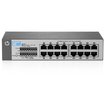 სვიჩი  HP 1410-16 Switch: 16 RJ-45 auto-sensing 10/100 ports(Type 10Base-T/100Base-TX), rack mounting (hardware included), also wall, desktop, and undertable mounting