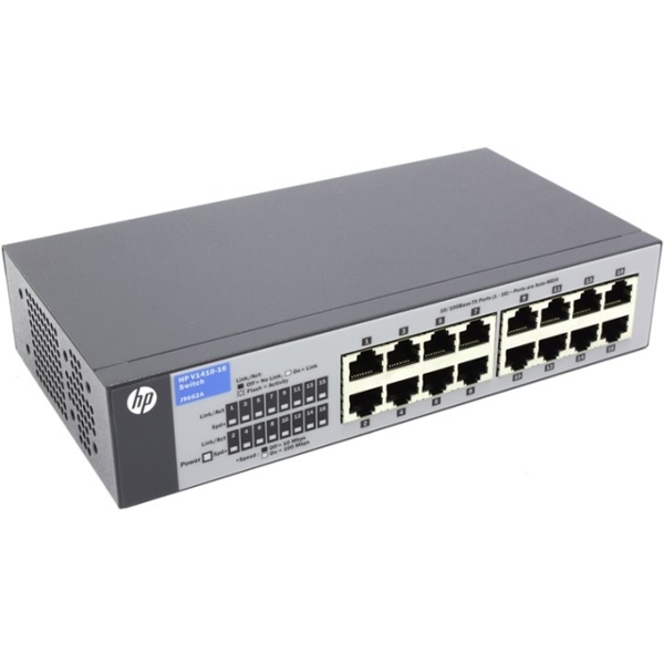სვიჩი  HP 1410-16 Switch: 16 RJ-45 auto-sensing 10/100 ports(Type 10Base-T/100Base-TX), rack mounting (hardware included), also wall, desktop, and undertable mounting