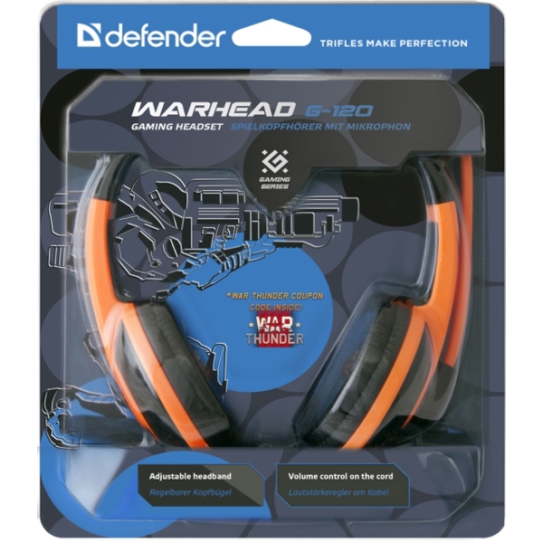 ყურსასმენი Gaming headset Defender Warhead G-120 black + orange, cable 2 m