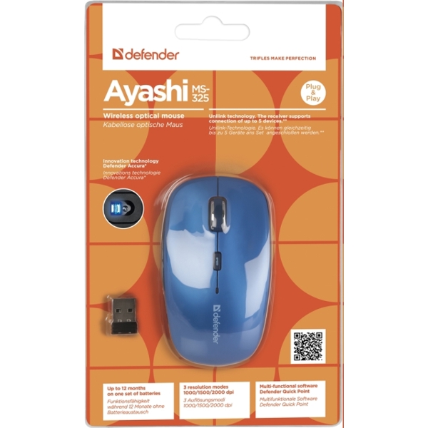 Wireless optical mouse Defender Ayashi MS-325 blue,6 buttons,1000-2000 dpi