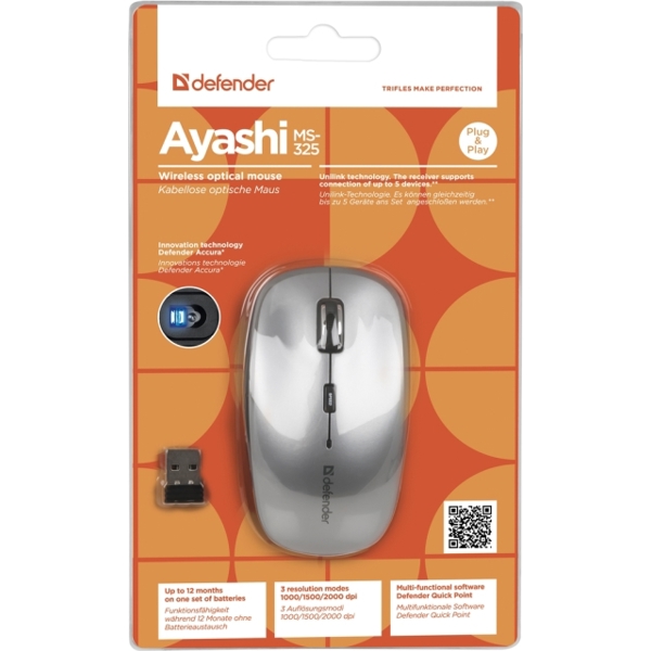 მაუსი Wireless optical mouse Defender Ayashi MS-325 grey,6 buttons,1000-2000 dpi