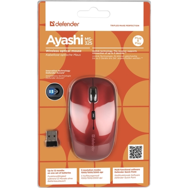 მაუსი Wireless optical mouse Defender Ayashi MS-325 red,6 buttons,1000-2000 dpi