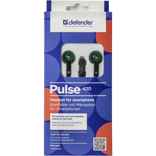 ყურსასმენი Headset for mobile devices Defender Pulse 420 black + green, in-ear (with Microphone)