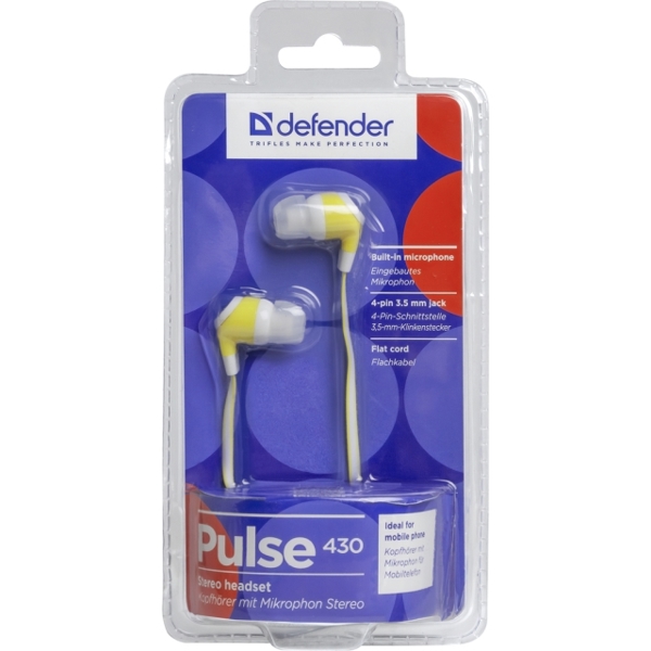 Headset for mobile devices Defender Pulse 430 white + yellow, in-ear (with Microphone)