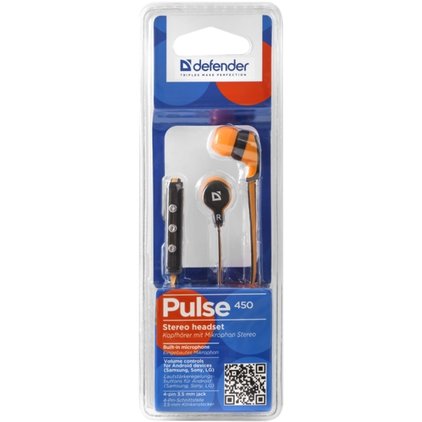 ყურსასმენი Headset for mobile devices Defender Pulse 450 orange, for Android, in-ear (with Microphone)