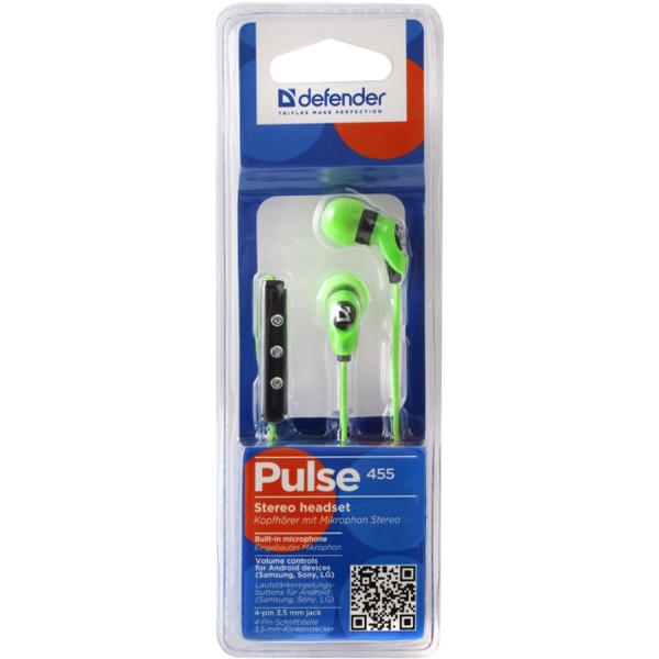 ყურსასმენი Headset for mobile devices Defender Pulse 455 green, for Android, in-ear (with Microphone)