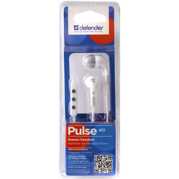 ყურსასმენი Headset for mobile devices Defender Pulse 451 white, for iPhone, in-ear (with Microphone)