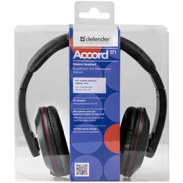 ყურსასმენი Headset for mobile devices Defender Accord 171 black, cable 1,2 m  (with Microphone For mobile devices, tablets, PCs)