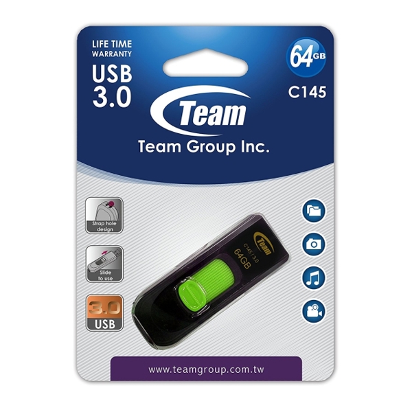 USB ფლეშ მეხსიერება TEAM C145 3.0 DRIVE 64 GB GREEN RETAIL