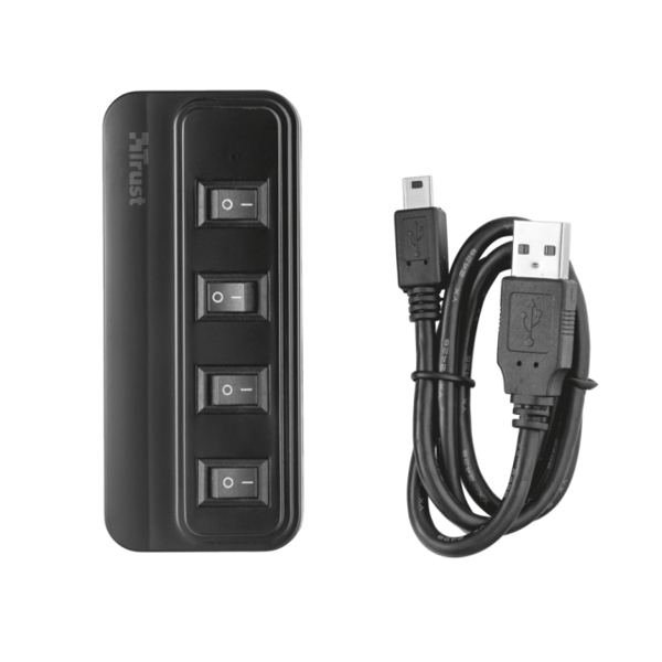 USB ჰაბი TRUST 4 PORT USB 2.0 HUB WITH SWITCHES All USB ports can be switched off to protect your data and privacy ,1 becomes 4; connect 3 extra USB 2.0 devices to your PC or laptop