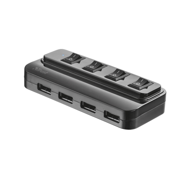 USB ჰაბი TRUST 4 PORT USB 2.0 HUB WITH SWITCHES All USB ports can be switched off to protect your data and privacy ,1 becomes 4; connect 3 extra USB 2.0 devices to your PC or laptop