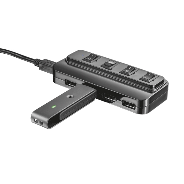 USB ჰაბი TRUST 4 PORT USB 2.0 HUB WITH SWITCHES All USB ports can be switched off to protect your data and privacy ,1 becomes 4; connect 3 extra USB 2.0 devices to your PC or laptop