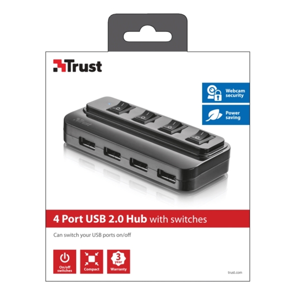 USB ჰაბი TRUST 4 PORT USB 2.0 HUB WITH SWITCHES All USB ports can be switched off to protect your data and privacy ,1 becomes 4; connect 3 extra USB 2.0 devices to your PC or laptop