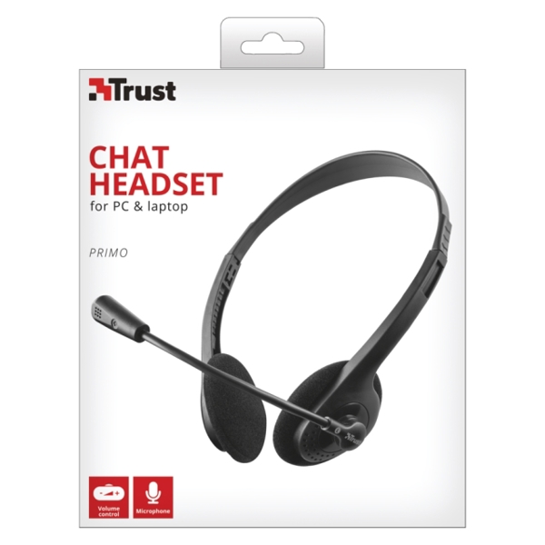 ყურსასმენი TRUST PRIMO CHAT HEADSET FOR PC AND LAPTOP Inline remote control|yes Connector attached|3.5mm Cable length 1.8m - Black