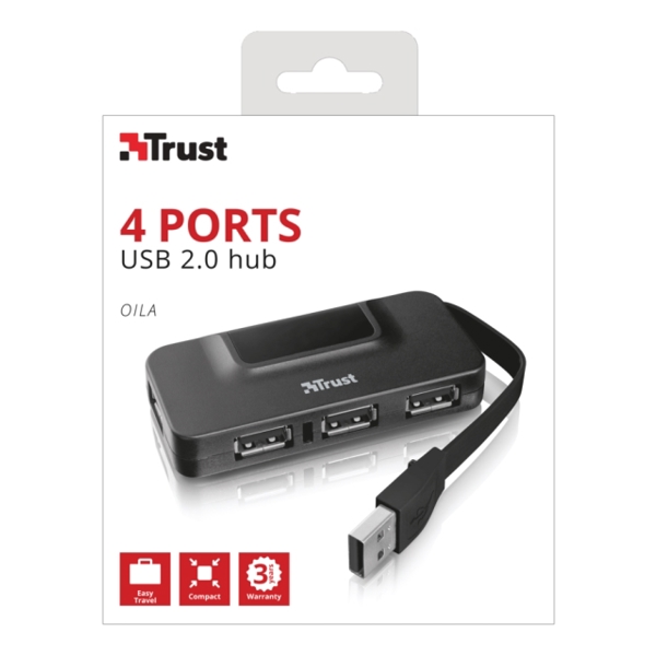 USB ჰაბი TRUST OILA 4 PORT USB 2.0 HUB; Flat USB cable 