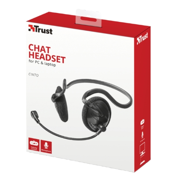 ყურსასმენი  TRUST CINTO CHAT HEADSET FOR PC AND LAPTOP, Inline volume control , Volume knob yes , Cable length 1.8m - Neckband design with soft ear pads - Black - Silver