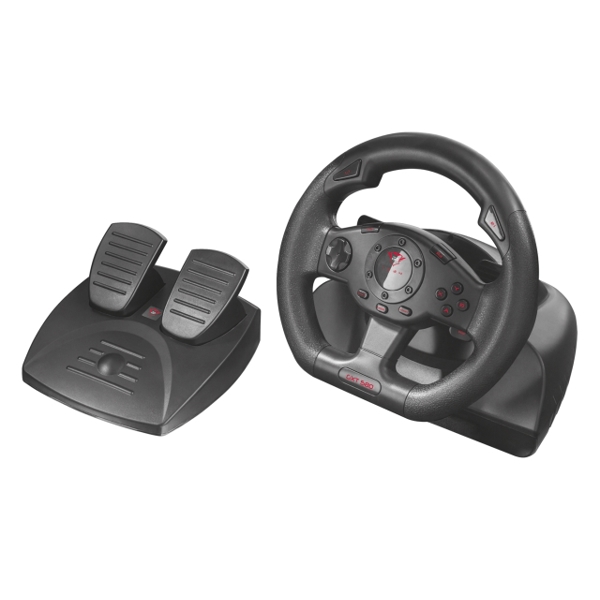 საჭე პედლით TRUST GXT 580 VIBRATION FEEDBACK RACING WHEEL 2 Gear shift levers and 13 buttons Foot pedals with stable anti-slip base 180 degree wheel rotation