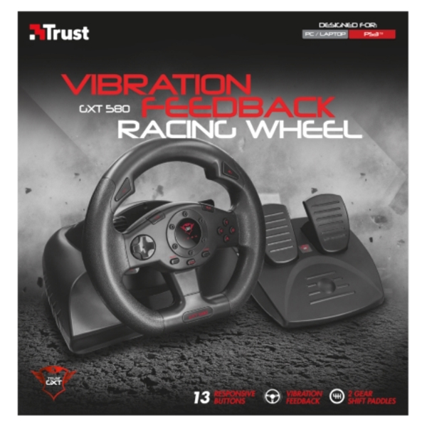 საჭე პედლით TRUST GXT 580 VIBRATION FEEDBACK RACING WHEEL 2 Gear shift levers and 13 buttons Foot pedals with stable anti-slip base 180 degree wheel rotation