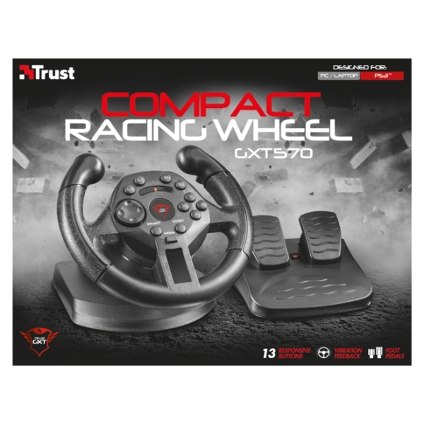 საჭე პედლით TRUST GXT 570 COMPACT VIBRATION RACING WHEEL ,13 Responsive buttons, Vibration Feedback for in-game racing effects, 100 degree wheel rotation