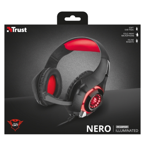 ყურსასმენი  TRUST GXT 313 NERO ILLUMINATED GAMING HEADSET, Combined 3.5 mm headphone/microphone connection , Warranty: Flexible cable (2m) - 1 year