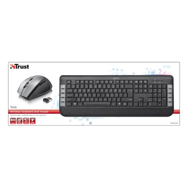 კლავიატურა მაუსი  TRUST Tecla Wireless Multimedia Keyboard with 10 multimedia keys & 5 button wireless optical mouse with DPI-shange button