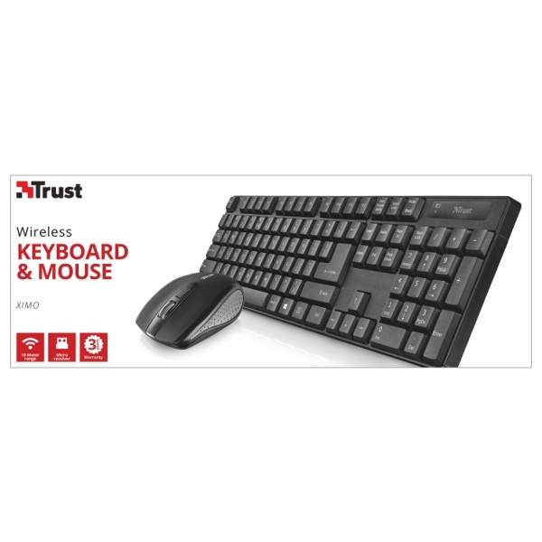 კლავიატურა მაუსი  TRUST XIMO WIRELESS KEYBOARD & MOUSE 10m Wireless range (800-1200-1600 dpi) Black -Silver