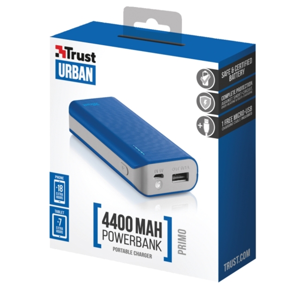 პორტატული დამტენი TRUST PRIMO POWERBANK 4400 PORTABLE CHARGER - BLUE