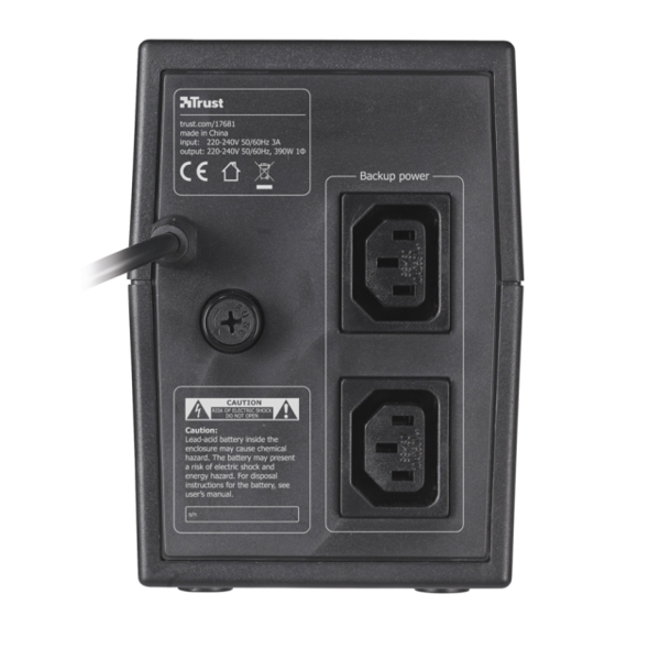 უწყვეტი კვების წყარო  TRUST 600VA UPS with 2 surge protected power outlets , LED indicators ,AVR yes -Warranty: 1 year - Black