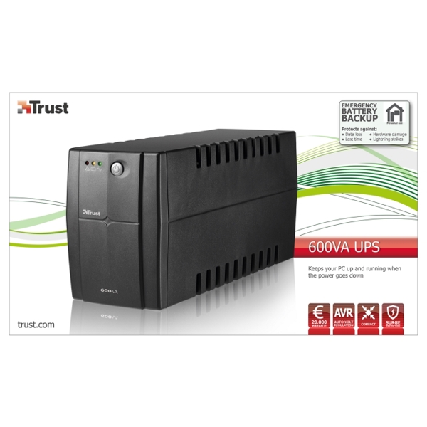 უწყვეტი კვების წყარო  TRUST 600VA UPS with 2 surge protected power outlets , LED indicators ,AVR yes -Warranty: 1 year - Black