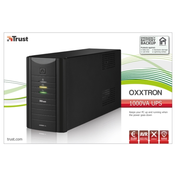 უწყვეტი კვების წყარო TRUST OXXTRON 1000VA UPS, ompact, reliable 1000VA battery back-up UPS with 3 surge protected power outlets , AVR yes, LED indicators