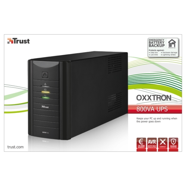 უწყვეტი კვების წყარო  TRUST OXXTRON 800VA UPS, Compact, reliable 800VA battery back-up UPS with 2 surge protected power outlets ,LED indicators ,AVR yes