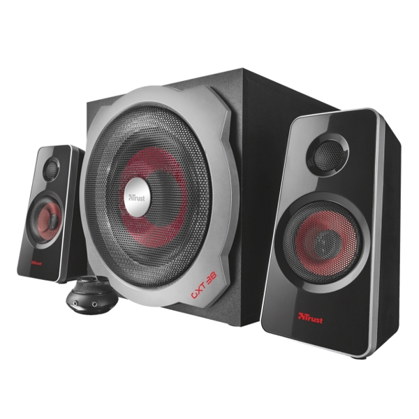 დინამიკი  TRUST GXT 38 2.1 ULTIMATE BASS SPEAKER SET, 2.1 speaker set including wooden subwoofer with a total RMS power output of 60 Watt (120 Watt peak power), Controls volume,bass - Black