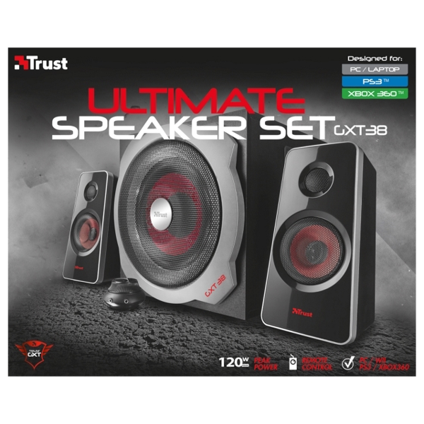 დინამიკი  TRUST GXT 38 2.1 ULTIMATE BASS SPEAKER SET, 2.1 speaker set including wooden subwoofer with a total RMS power output of 60 Watt (120 Watt peak power), Controls volume,bass - Black