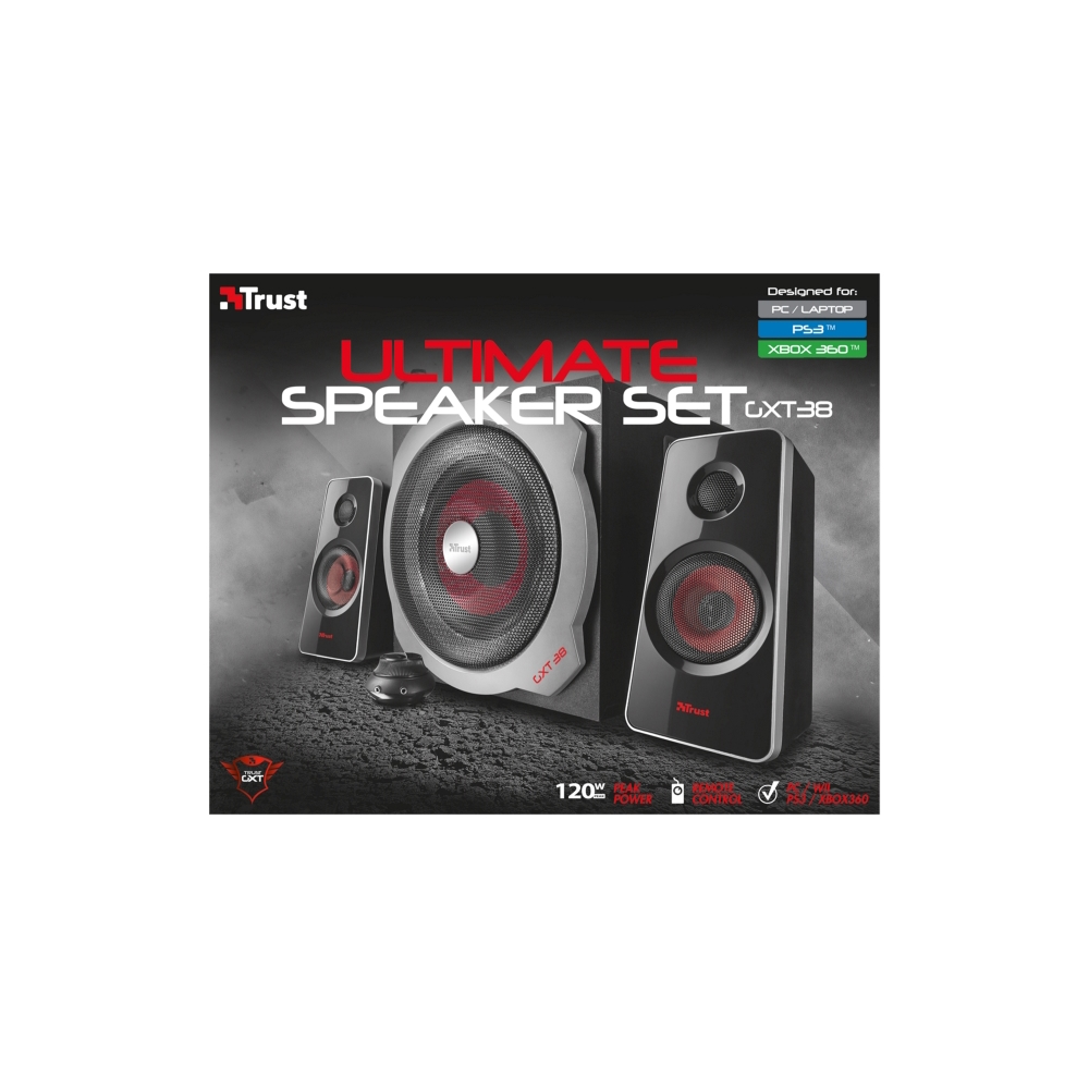 დინამიკი  TRUST GXT 38 2.1 ULTIMATE BASS SPEAKER SET, 2.1 speaker set including wooden subwoofer with a total RMS power output of 60 Watt (120 Watt peak power), Controls volume,bass - Black