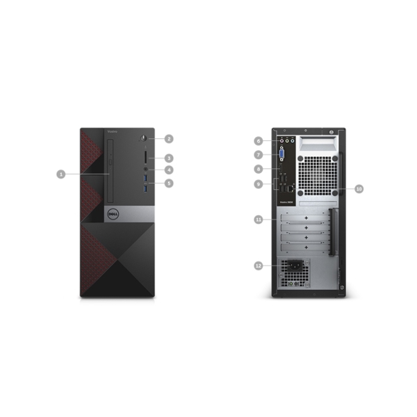პერსონალური კმპიუტერი  Dell Vostro 3650 MT 6th Generation Intel(R) Core(TM) i3-6100 Processor (3M Cache, 3.70 GHz) 4GB Single Channel DDR3L 1600MHz (4GBX1) 500GB 7200 rpm SATA 6Gb/s Hard Drive 802.11bgn + Bluetooth 4.0, 2.4 GHz, 1x1 Dell Optical Mouse-MS116 - Black Dell Multime