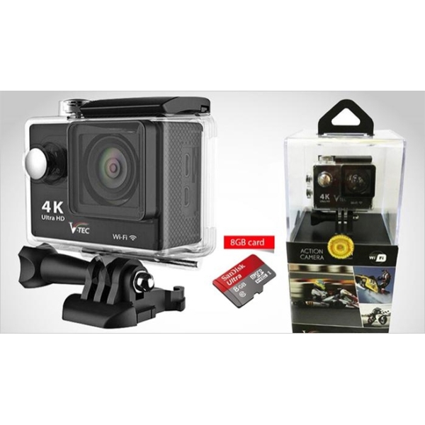 ვიდეო კამერა V-TEC 4K ACTION  CAMERA BUNDLE, EXTRA BATTERY, CHARGER , CARRY POUCH  MICRO SD