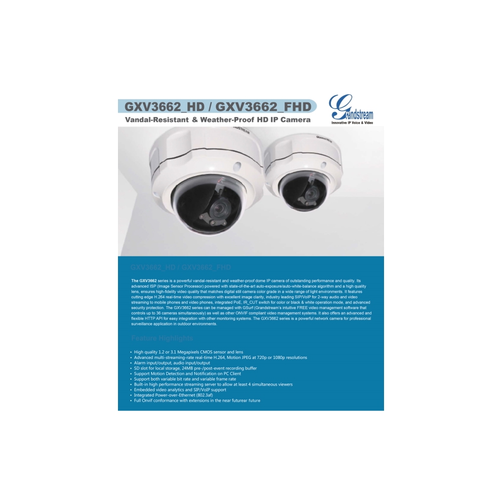 IP კამერა Grandstream GXV3662_FHD: Anti-Vandal IP66 Day/Night IP Dome Camera, 2048H x 1536V, CDS Sensor, 1/3", 3.3-12mm, F1.6-F3.2 (F1.4-F2.9), DC-Iris lens, 0.05Lux, Bi-directional audio support, PoE