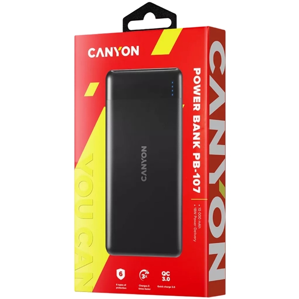 პორტატული დამტენი Canyon PB-107/CNE-CPB1007B, 10000mAh, Micro USB, USB-C, Power Bank, Black