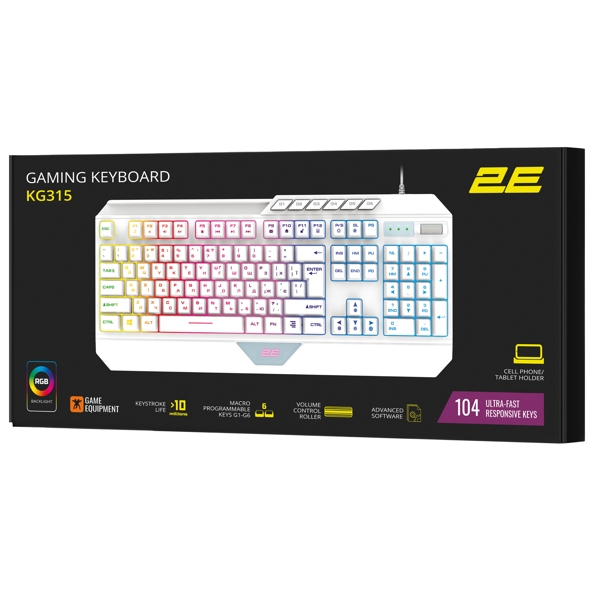 კლავიატურა 2E KG315UWT, Wired, RGB, USB, Gaming Keyboard, White