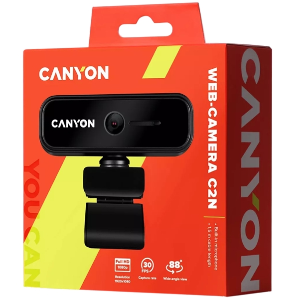 ვებკამერა Canyon CNE-HWC2N, FHD, 2MP, Built-in Microphone, Webcam, Black