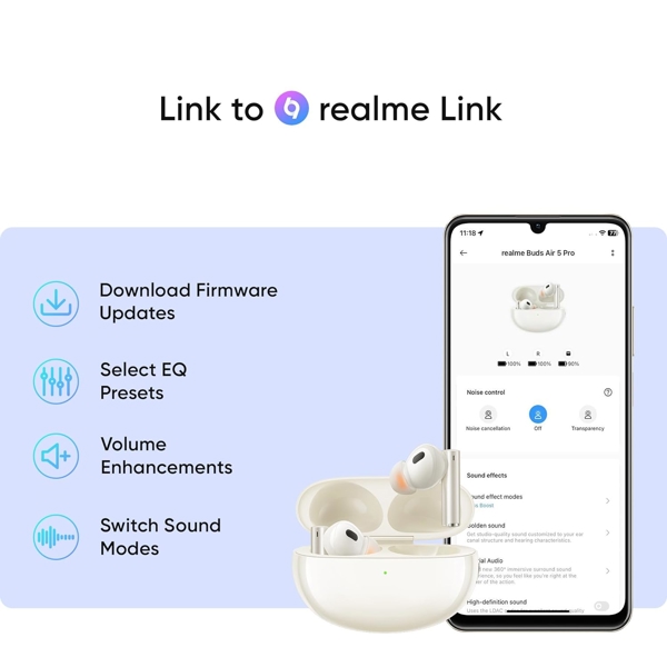 Realme Air 5 Pro, Earbuds, Wireless, Bluetooth, White