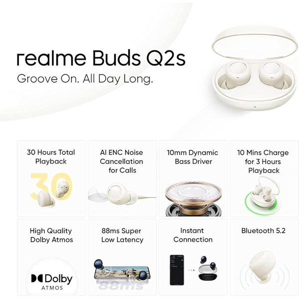 Realme Q2S, Earbuds, Wireless, Bluetooth, IPX4, White