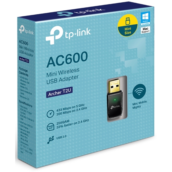 TP-Link Archer T2U AC600, 2.4GHz, External Network Adapter, Black